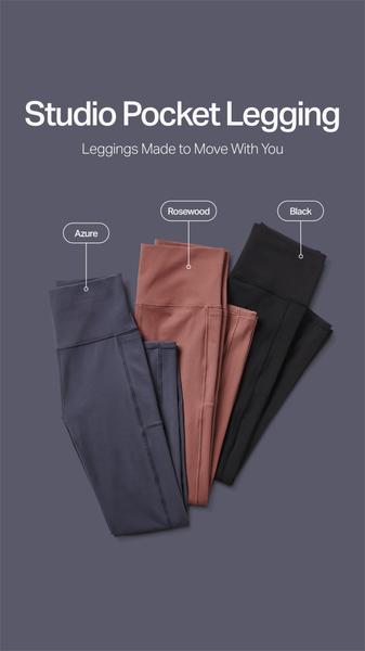 A clean, vertical-format ad display highlighting three variations of Studio Pocket Leggings against a uniform, muted background.